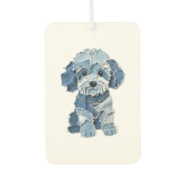 Cute Denim Patchwork Dog Illustration Air Freshener (Front)