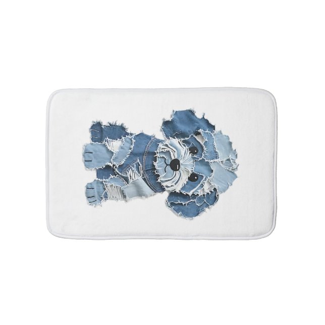 Cute Denim Patchwork Dog Illustration Bath Mat (Front)