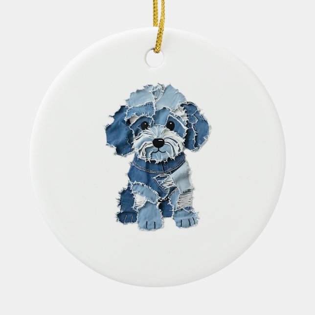 Cute Denim Patchwork Dog Illustration Ceramic Ornament (Front)