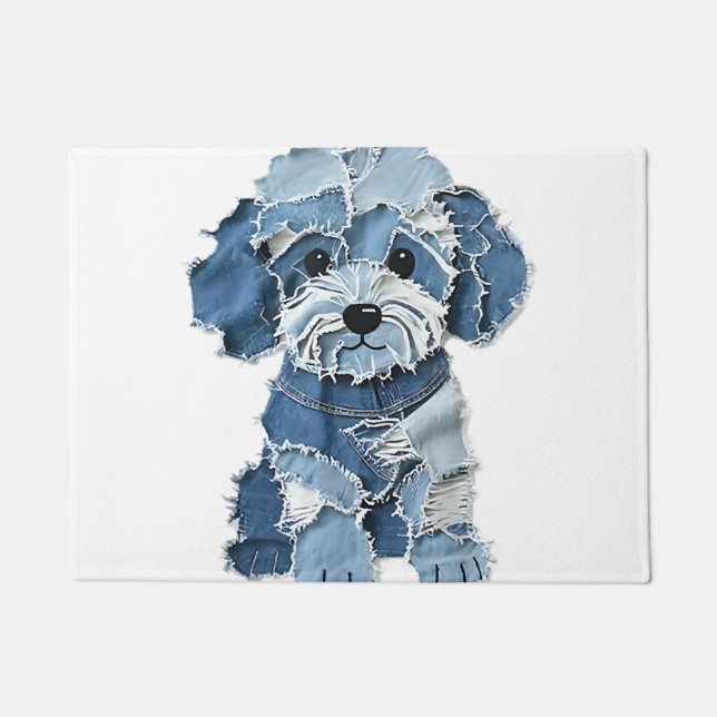 Cute Denim Patchwork Dog Illustration Doormat (Front)