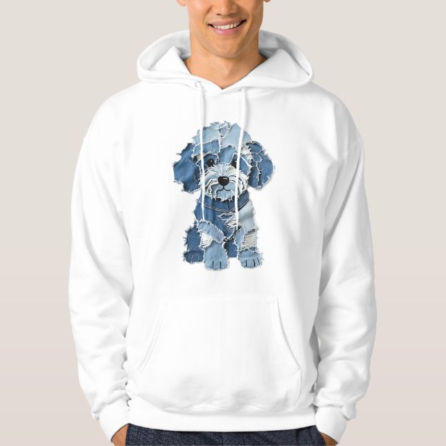 Cute Denim Patchwork Dog Illustration Hoodie (Front)