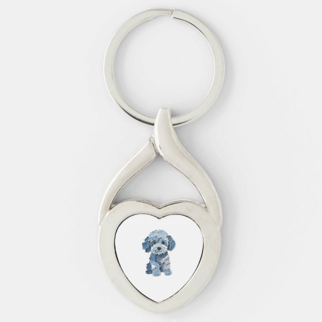 Cute Denim Patchwork Dog Illustration Keychain (Front)