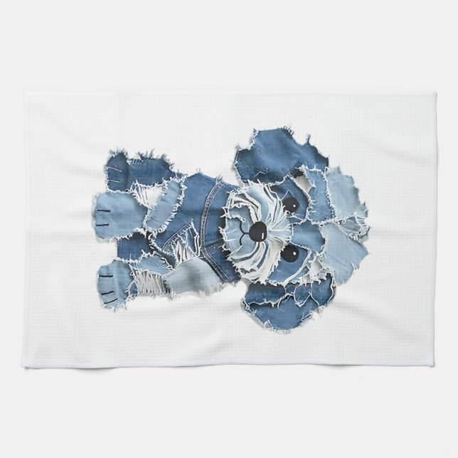 Cute Denim Patchwork Dog Illustration Kitchen Towel (Horizontal)