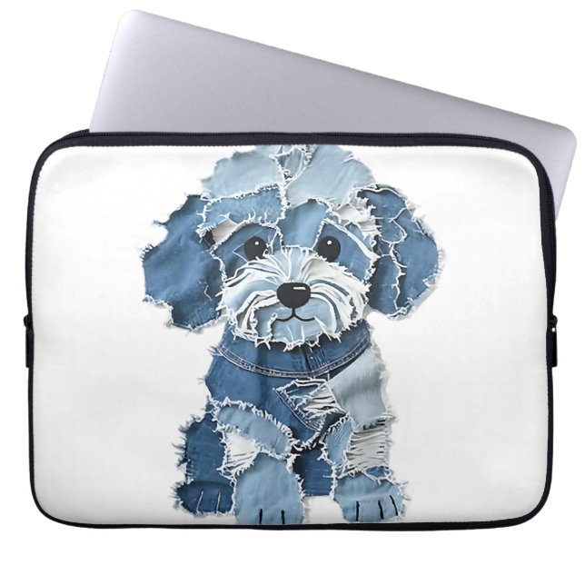 Cute Denim Patchwork Dog Illustration Laptop Sleeve (Front)