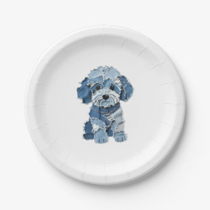 Cute Denim Patchwork Dog Illustration Paper Plate