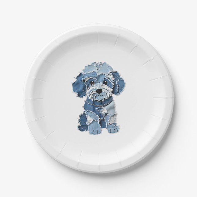 Cute Denim Patchwork Dog Illustration Paper Plate (Front)