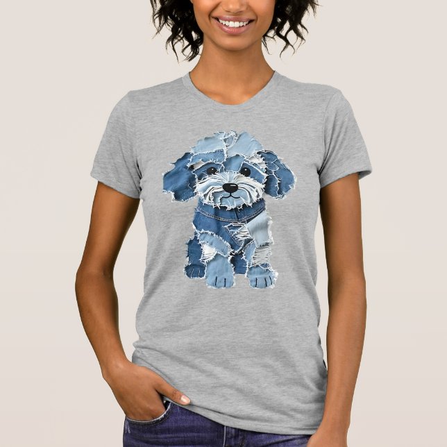Cute Denim Patchwork Dog Illustration T-Shirt (Front)
