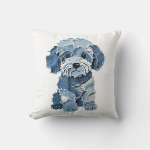 Cute Denim Patchwork Dog Illustration Throw Pillow