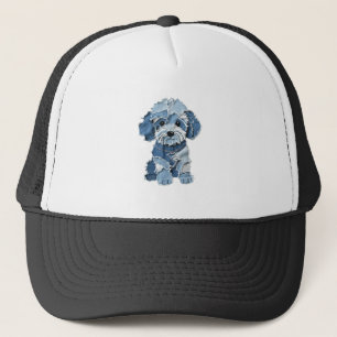 Cute Denim Patchwork Dog Illustration Trucker Hat