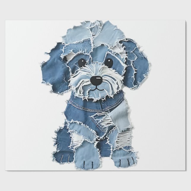 Cute Denim Patchwork Dog Illustration Wrapping Paper (Flat)