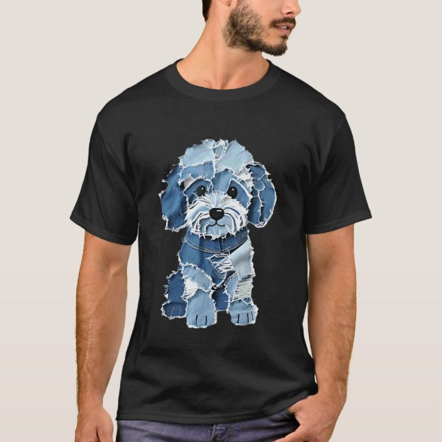 Cute Denim Patchwork Puppy Dog Art T-Shirt (Front)