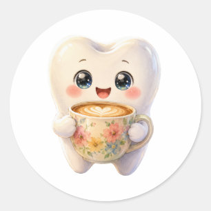 Cute Dental Coffee Lover Kawaii Character Classic Round Sticker