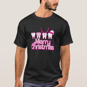 Cute Dental Squad Santa Hat Teeth Retro Pink Merry T-Shirt