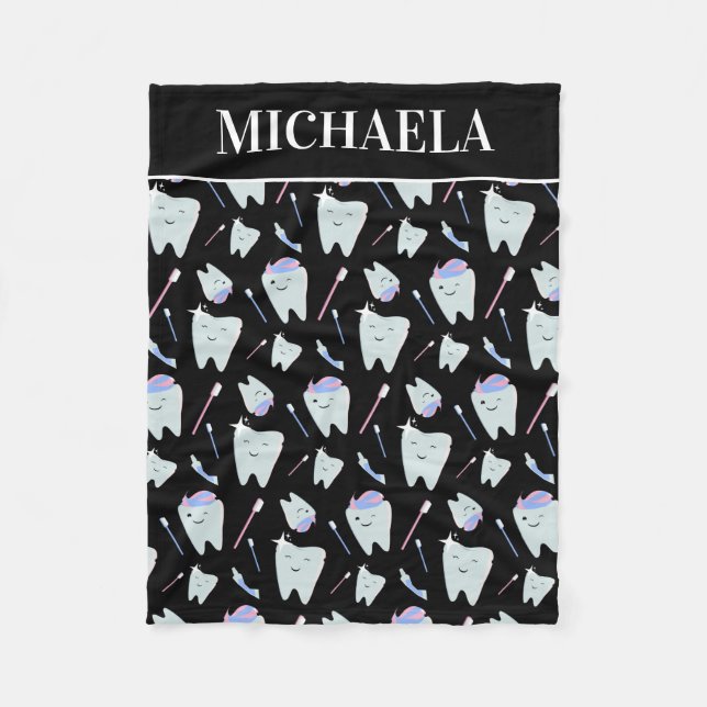 Cute Dentist Dental Hygienist Tooth Pattern Black Fleece Blanket (Front)