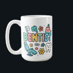 Cute Dentist Word Art Design Coffee Mug<br><div class="desc">Brighten up your dental-themed projects with this fun and colourful Dentist word art design! Each letter is decorated with playful dental elements such as a toothbrush, toothpaste, braces, tooth icon, dental chair, and cheerful daisies. Designed in a bold and vibrant style with a transparent background, perfect for creating t-shirts, mugs,...</div>