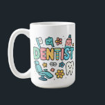 Cute Dentist Word Art Design Coffee Mug<br><div class="desc">Brighten up your dental-themed projects with this fun and colourful Dentist word art design! Each letter is decorated with playful dental elements such as a toothbrush, toothpaste, braces, tooth icon, dental chair, and cheerful daisies. Designed in a bold and vibrant style with a transparent background, perfect for creating t-shirts, mugs,...</div>