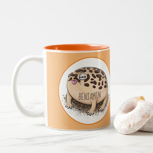 Cute desert rain frog cartoon illustration Two-Tone coffee mug (With Donut)
