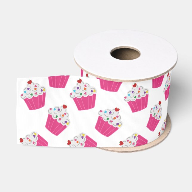 Cute Dessert Bright Pink Cupcake Pattern Grosgrain Ribbon (Spool)
