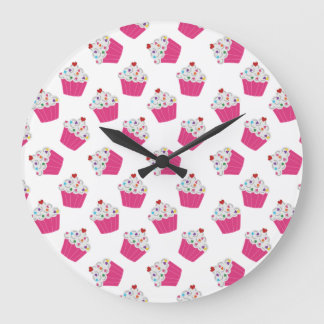 Cute Dessert Bright Pink Cupcake Pattern Large Clock