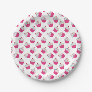 Cute Dessert Bright Pink Cupcake Pattern Paper Plate