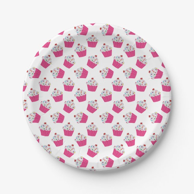 Cute Dessert Bright Pink Cupcake Pattern Paper Plate (Front)