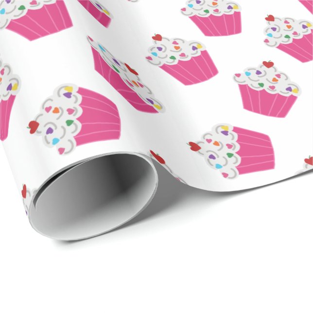 Cute Dessert Bright Pink Cupcake Pattern Wrapping Paper (Roll Corner)