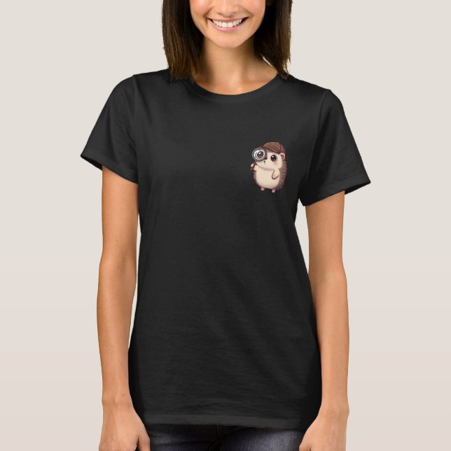 Cute Detective Hedgehog with Magnifying Glass T-Shirt (Front)