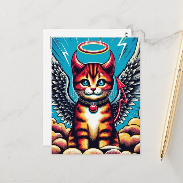 Cute Devil Angel Kitty Comic Postcard (Front/Back In Situ)
