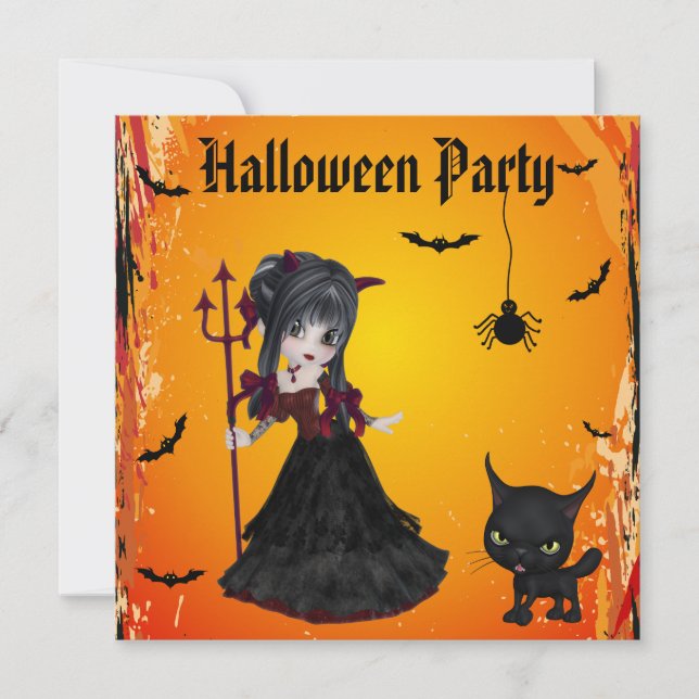 Cute Devil Girl, Pitchfork & Cat Halloween Invitation (Front)