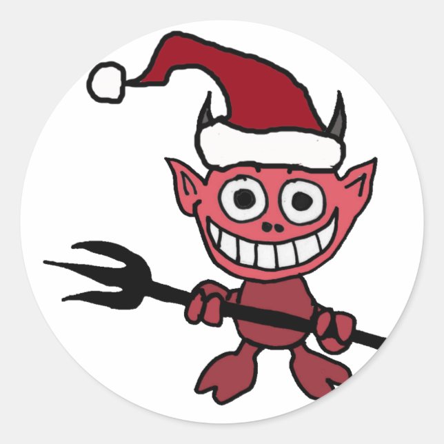 Cute Devil Wearing Santa Christmas Hat Classic Round Sticker (Front)