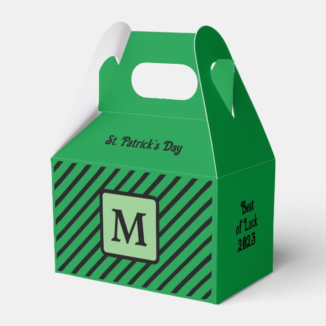 Cute Diagonal Stripes Green and Black Initial Favor Box (Front Side)