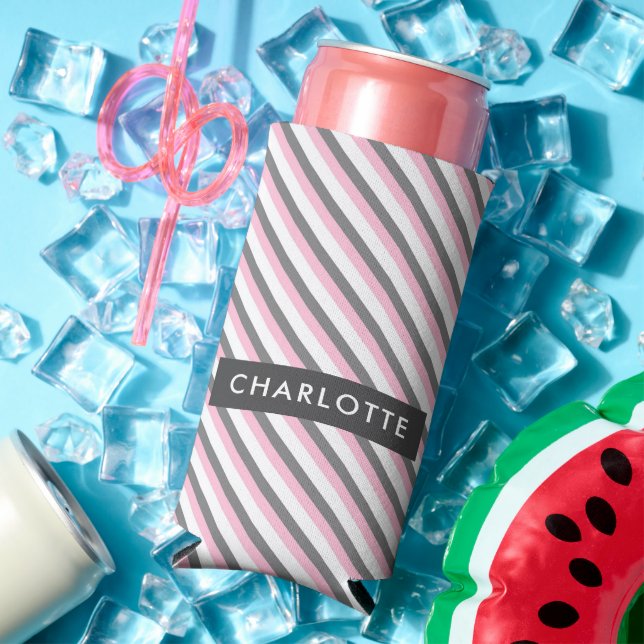 Cute diagonal stripes pattern custom name seltzer can cooler (In Situ Summer)