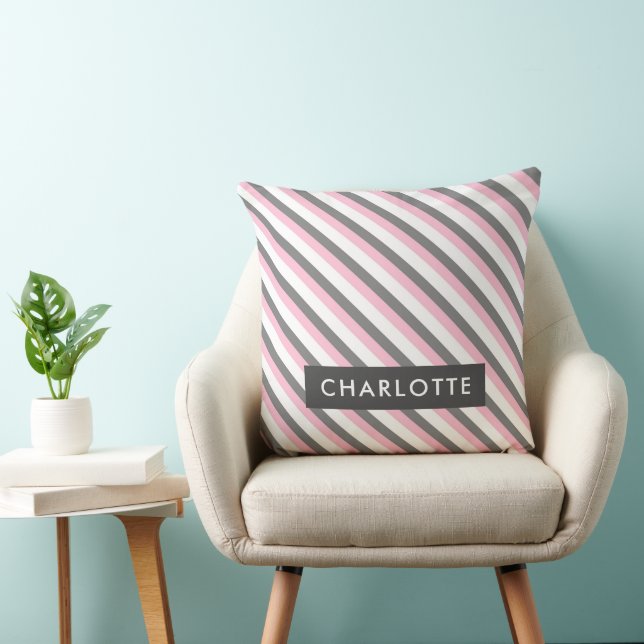 Cute diagonal stripes pattern custom name throw pillow (Chair)