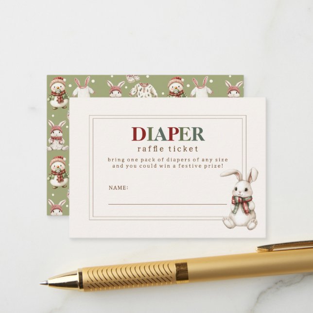 Cute Diaper Raffle Ticket of Winter Baby Shower Enclosure Card (Front/Back In Situ)