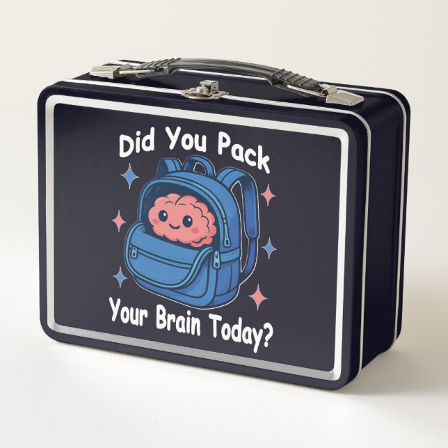 Cute “Did You Pack Your Brain Today?” Brain Pun Metal Lunch Box (Front)