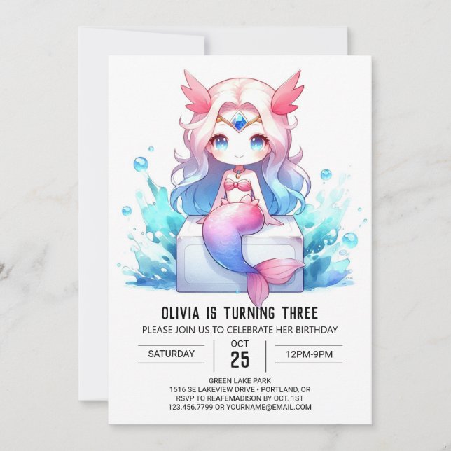 Cute Digital Mermaid Birthday Invitation (Front)