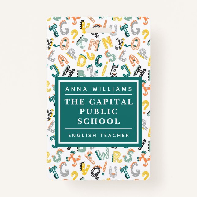 Cute Dino Alphabet Elementary School Teacher Name Badge (Front)