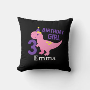 Cute Dino Birthday Girl - 3rd Year Celebration Throw Pillow