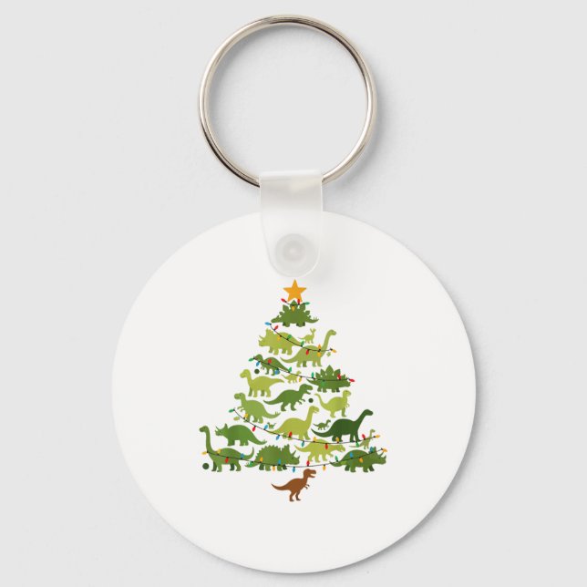 Cute Dino Christmas Tree Merry Dinomas Xmas Lights Keychain (Front)