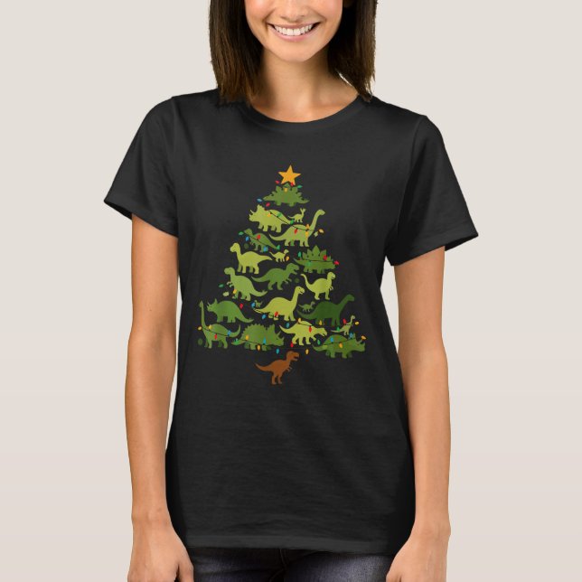 Cute Dino Christmas Tree Merry Dinomas Xmas Lights T-Shirt (Front)