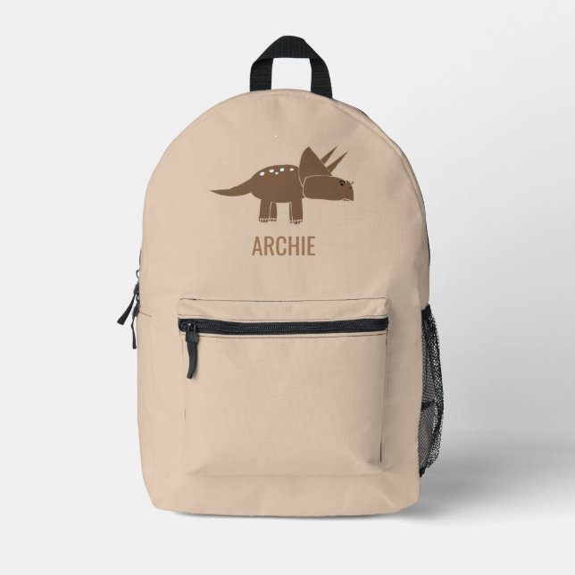 Cute Dino Dinosaur Personalized Beige Printed Backpack (Front)