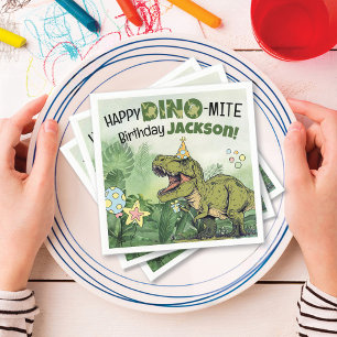 Cute Dino-Mite Kids Name Dinosaur Birthday Party Napkin