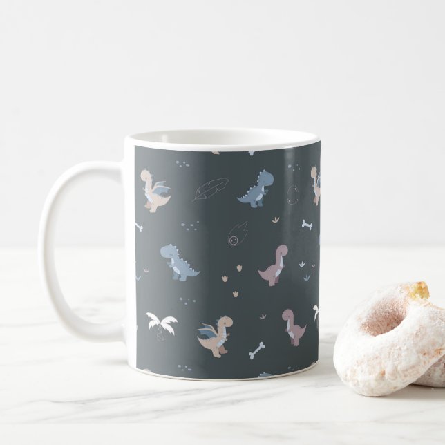 Cute Dino Patern Bleu Grey Mug (Avec donut)
