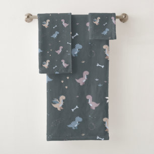 Cute Dino Patern Bluish Grey Bath Towel Set