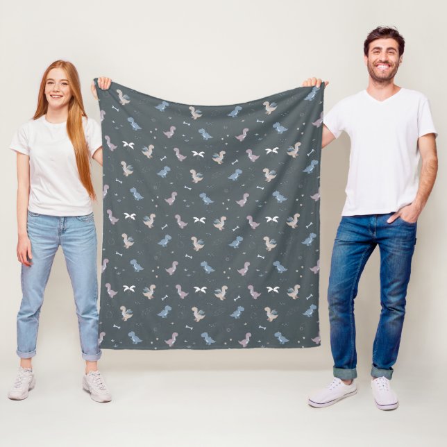 Cute Dino Patern Bluish Grey Fleece Blanket (In Situ)