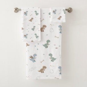 Cute Dino Patern White Bath Towel Set
