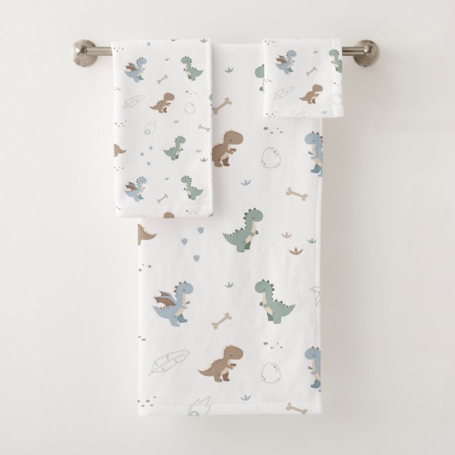 Cute Dino Patern White Bath Towel Set (Insitu)