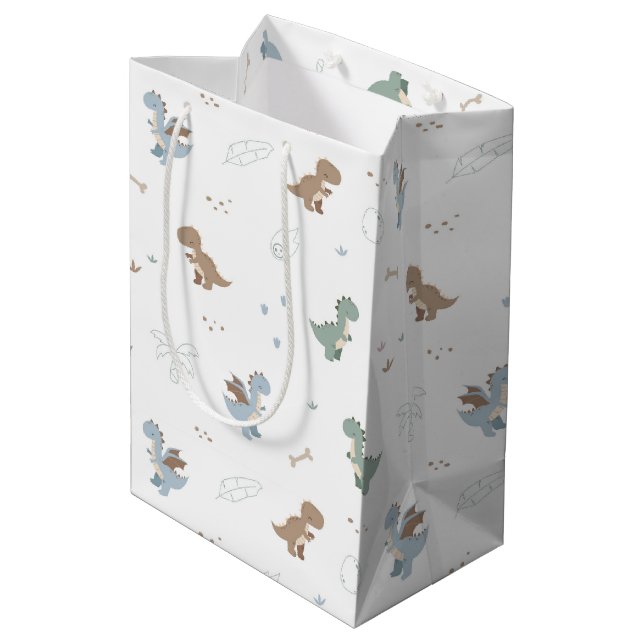 Cute Dino Patern White Gift Bag (Back Angled)
