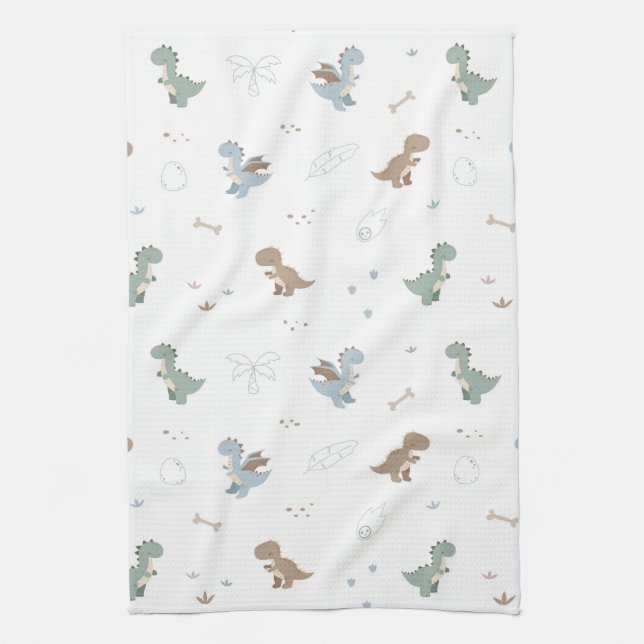 Cute Dino Patern White Kitchen Towel (Vertical)