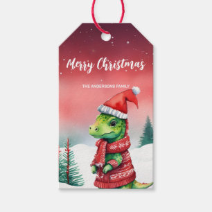 Cute Dino Santa Christmas party holiday Snow kids Gift Tags